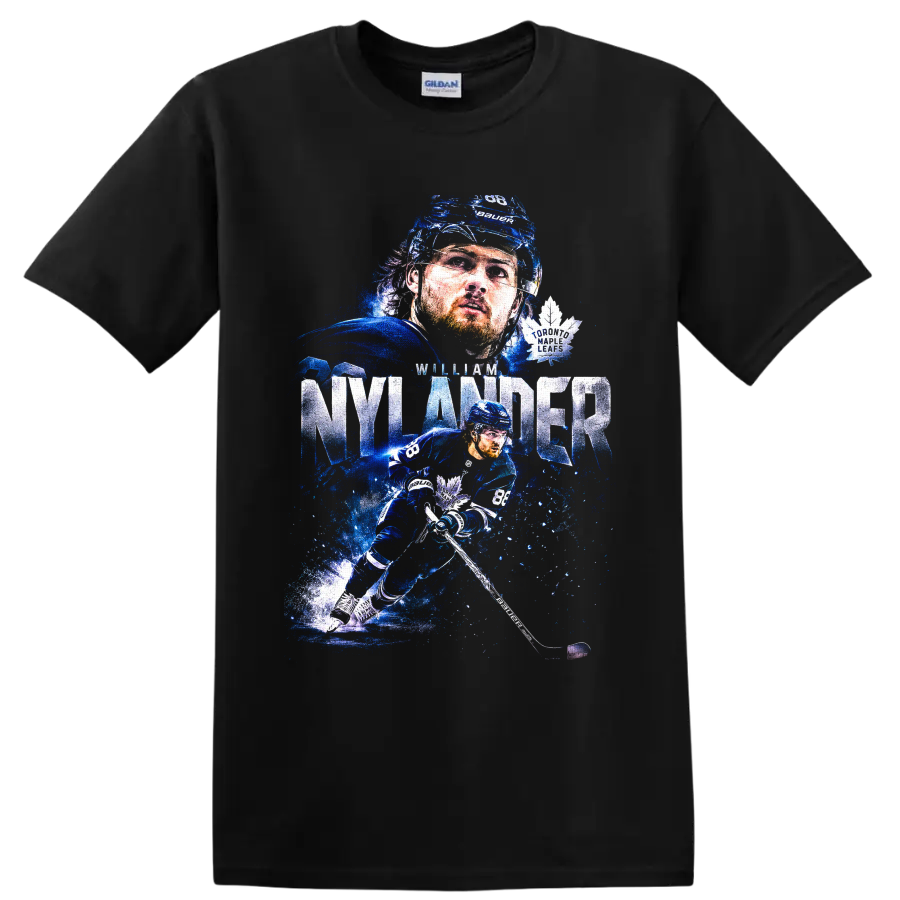 William Nylander Toronto Maple Leafs icy blue hockey action graphic with No. 88 on a Black T Shirt