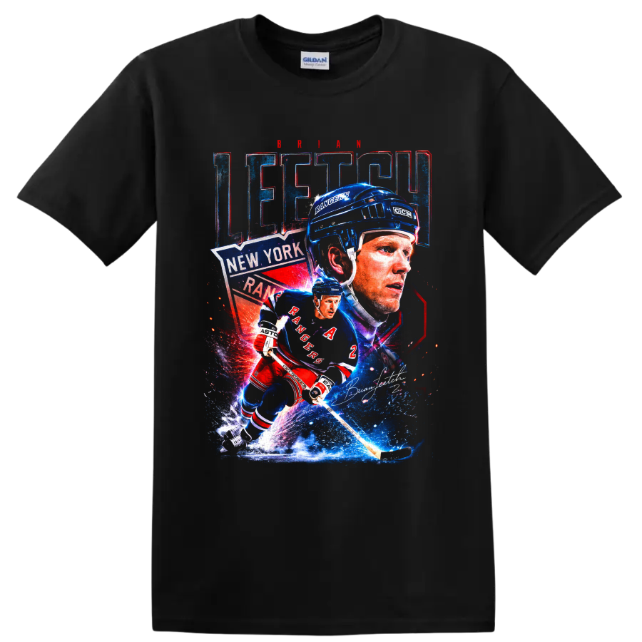 Brian Leetch New York Rangers retro hockey collage with action pose and signature on a Black T Shirt