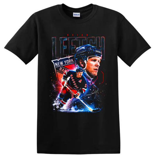 Brian Leetch New York Rangers retro hockey collage with action pose and signature on a Black T Shirt