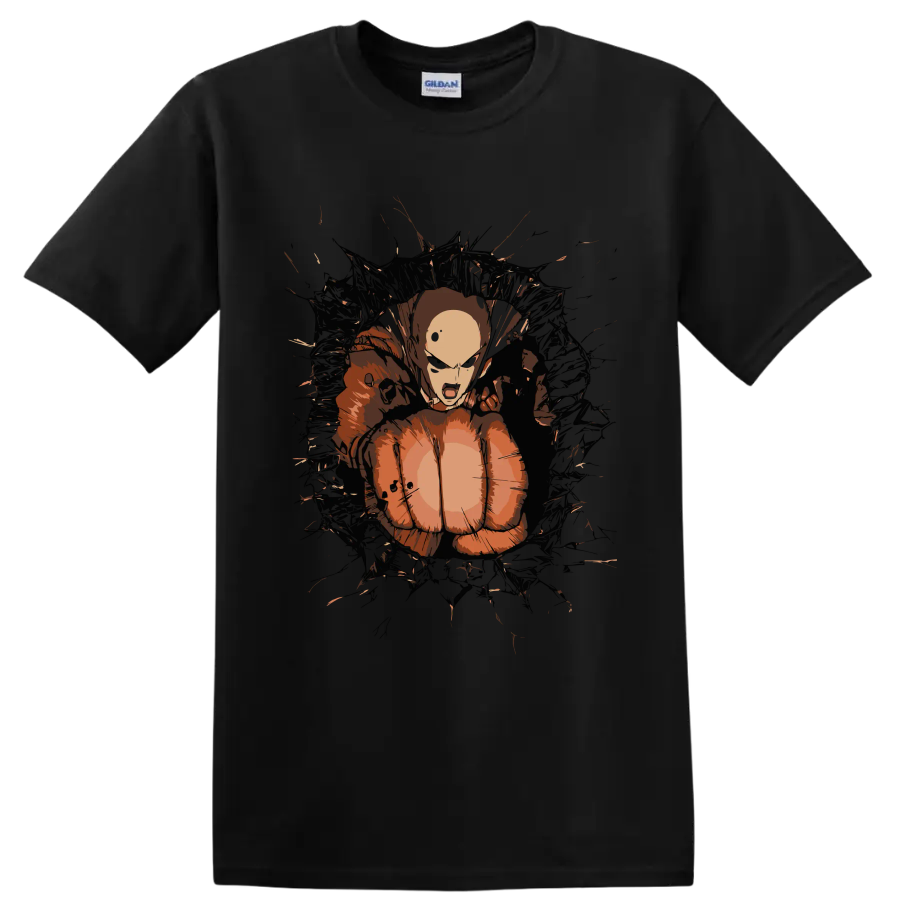 Saitama in a distressed anime action graphic from One-Punch Man on a Black T Shirt
