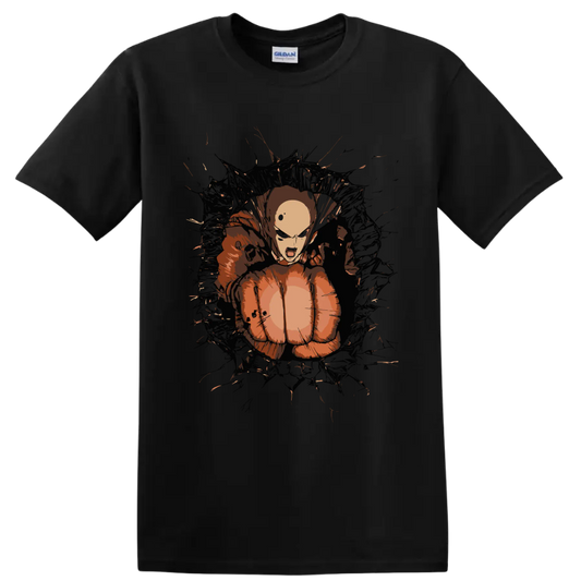 Saitama in a distressed anime action graphic from One-Punch Man on a Black T Shirt