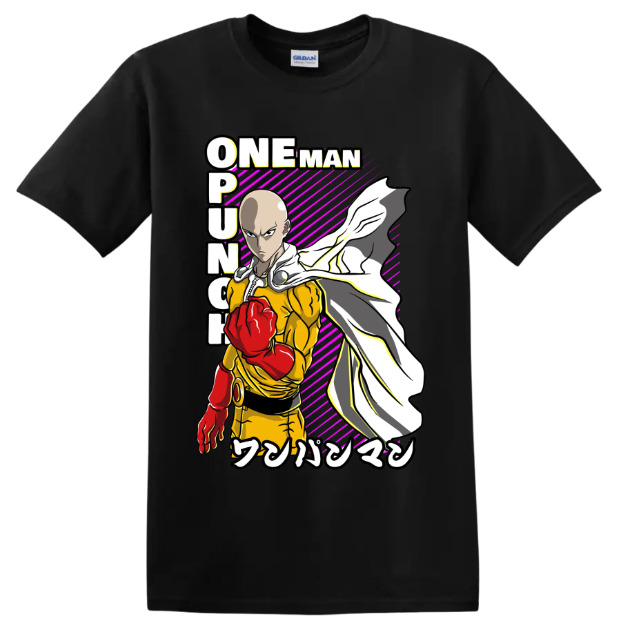 Saitama One-Punch Man action graphic with red glove, flowing cape, and magenta stripes on a Black T Shirt