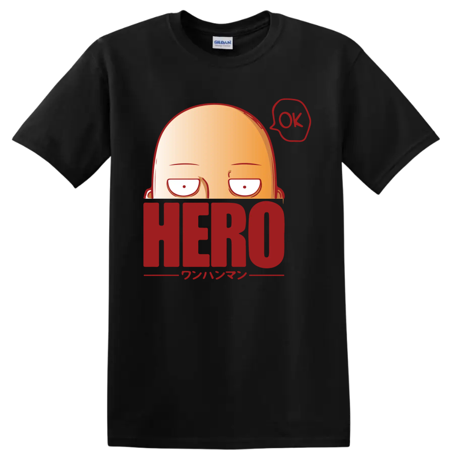 Saitama peeking over HERO lettering in a bold One-Punch Man cartoon graphic on a Black T Shirt