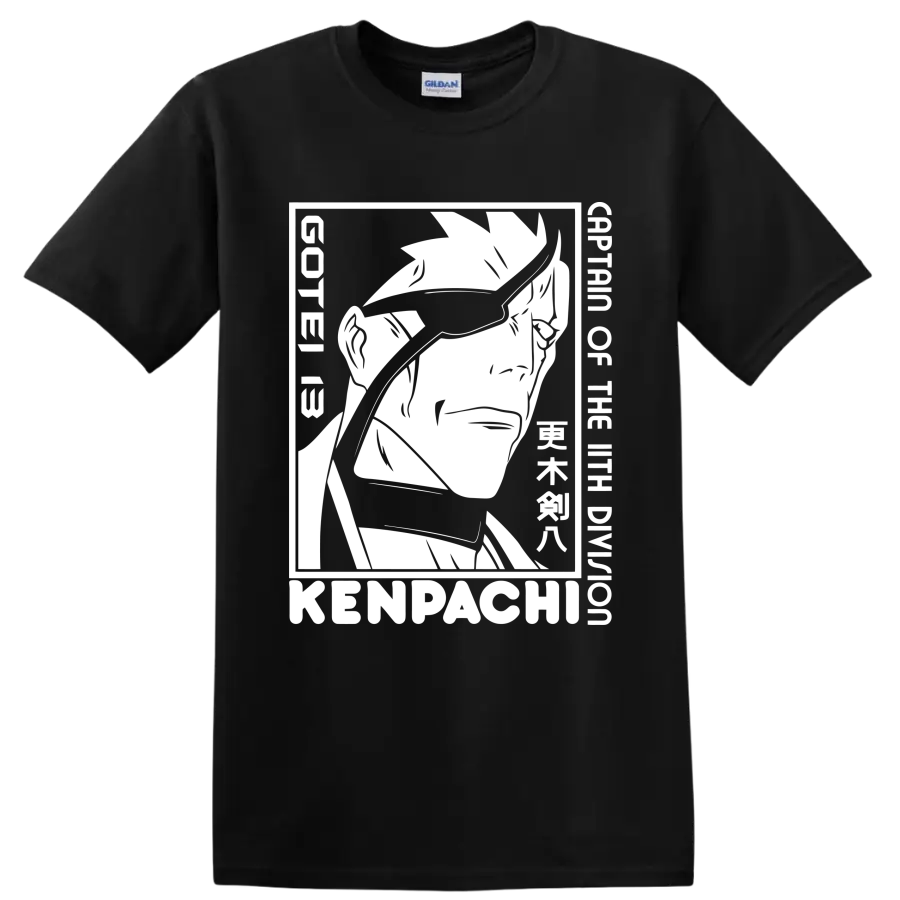 Kenpachi Zaraki black-and-white manga-style swordsman portrait graphic on a Black T Shirt