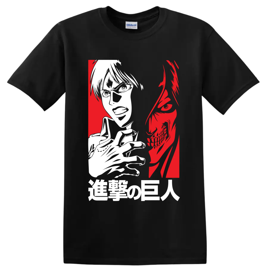 Eren Yeager and Attack Titan split-profile anime graphic on a Black T Shirt