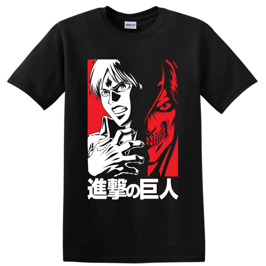Eren Yeager and Attack Titan split-profile anime graphic on a Black T Shirt