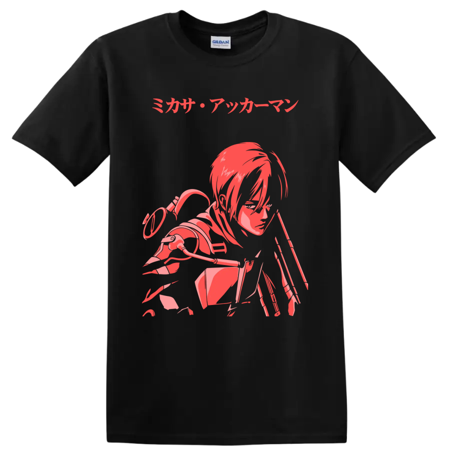 Mikasa Ackerman Attack on Titan red and pink anime action graphic with Japanese text on a Black T Shirt