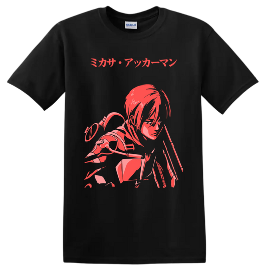 Mikasa Ackerman Attack on Titan red and pink anime action graphic with Japanese text on a Black T Shirt