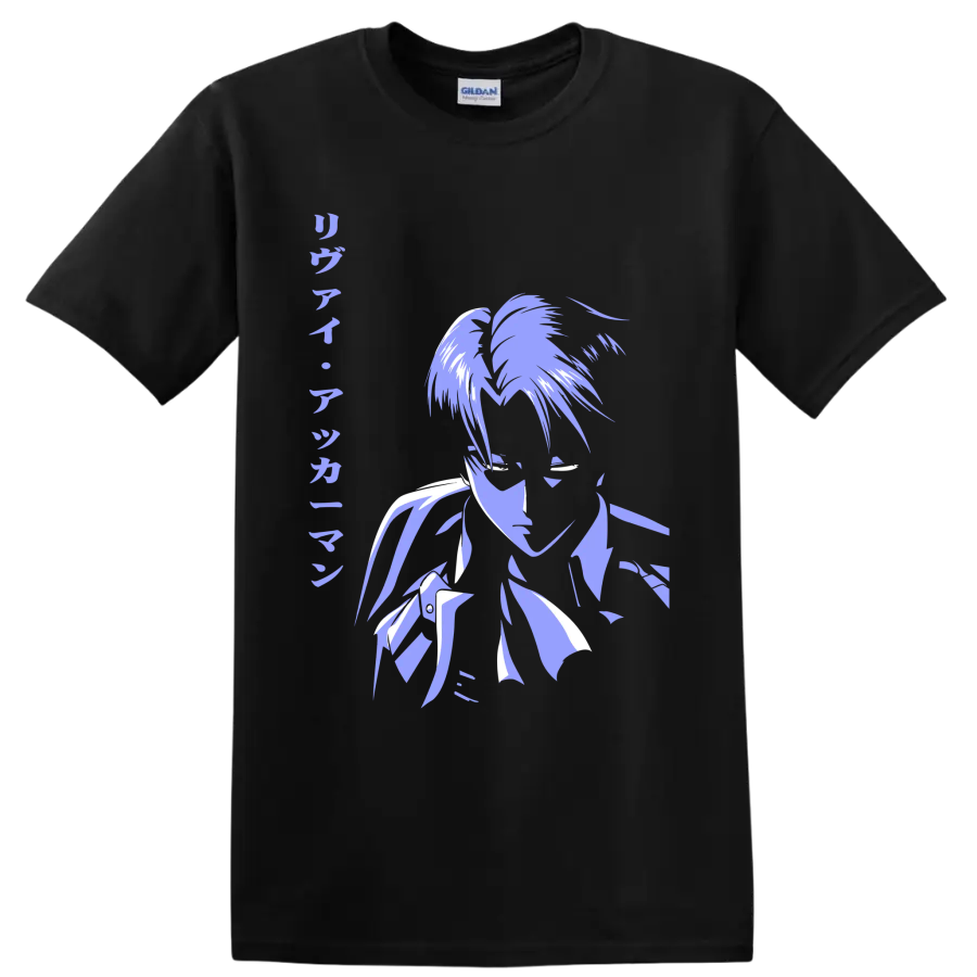 Levi Ackerman lavender and white manga-style portrait graphic from Attack on Titan on a Black T Shirt