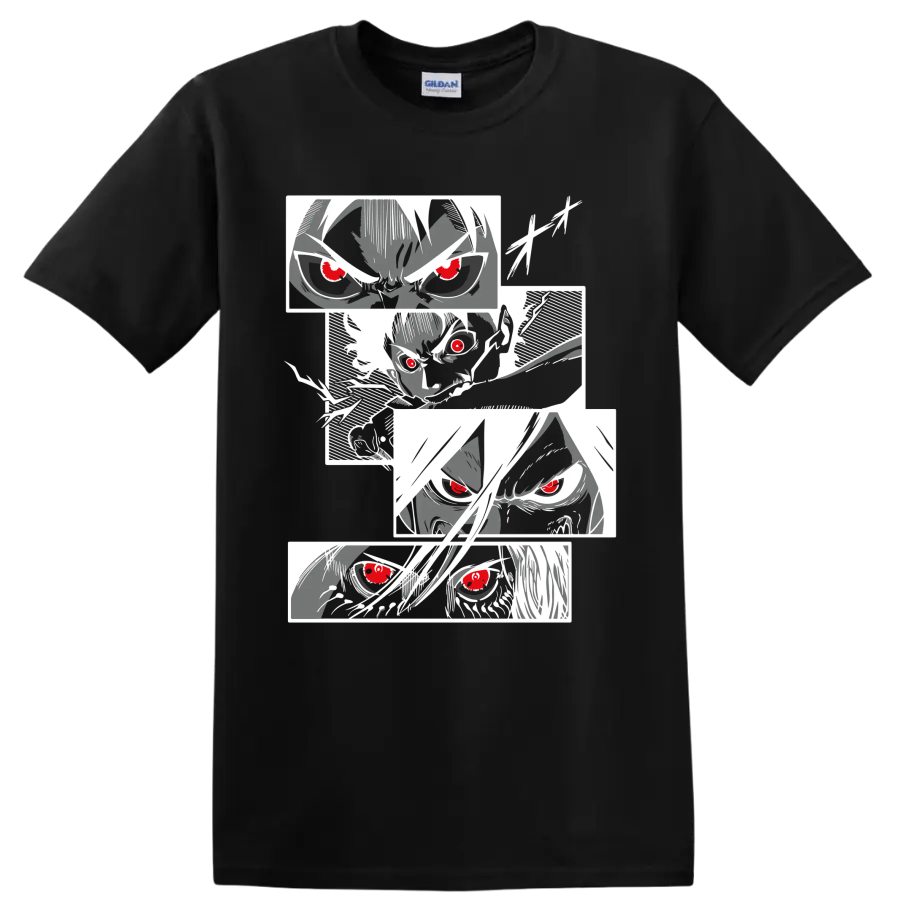 Eren Yeager Attack on Titan manga portrait collage with intense red-eyed faces on a Black T Shirt