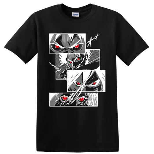Eren Yeager Attack on Titan manga portrait collage with intense red-eyed faces on a Black T Shirt