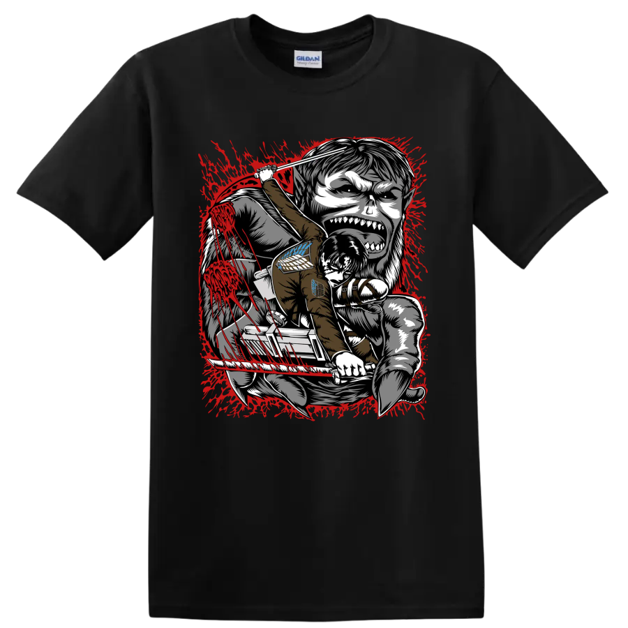 Levi Ackerman battling the Beast Titan in red splatter Attack on Titan manga art on a Black T Shirt