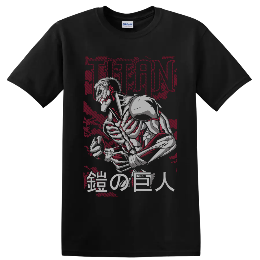 Armored Titan crouching in distressed manga art with TITAN and Japanese characters on a Black T Shirt