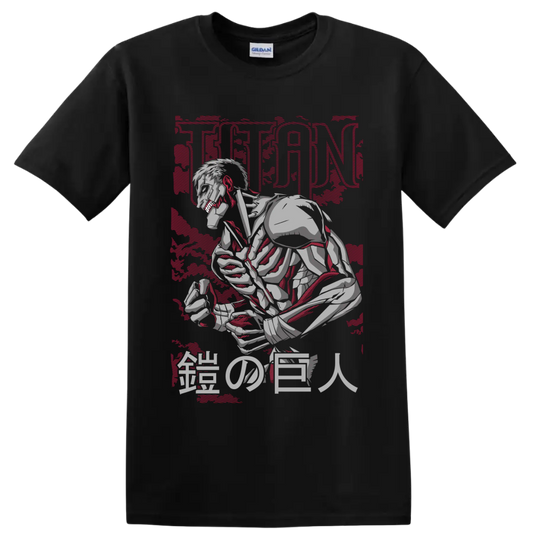 Armored Titan crouching in distressed manga art with TITAN and Japanese characters on a Black T Shirt