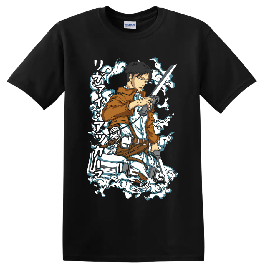 Levi Ackerman Scout Regiment action graphic with blades and swirling smoke accents on a Black T Shirt