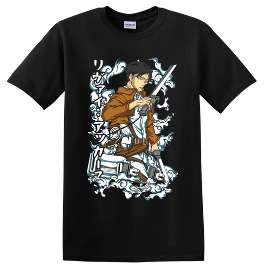 Levi Ackerman Scout Regiment action graphic with blades and swirling smoke accents on a Black T Shirt
