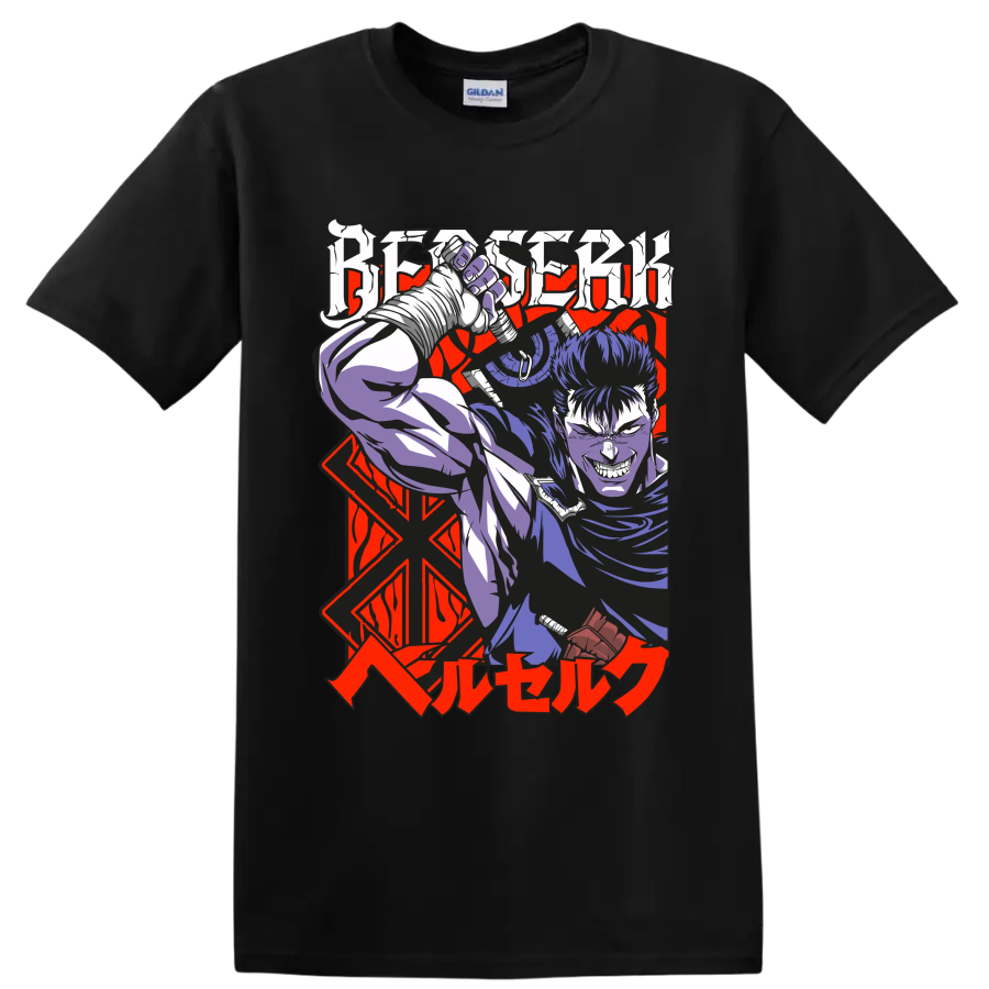 Guts from Berserk wielding a massive sword in bold gothic anime art on a Black T Shirt