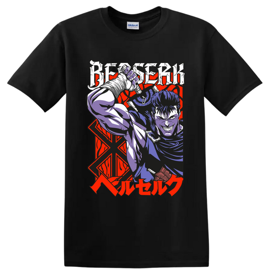 Guts from Berserk wielding a massive sword in bold gothic anime art on a Black T Shirt