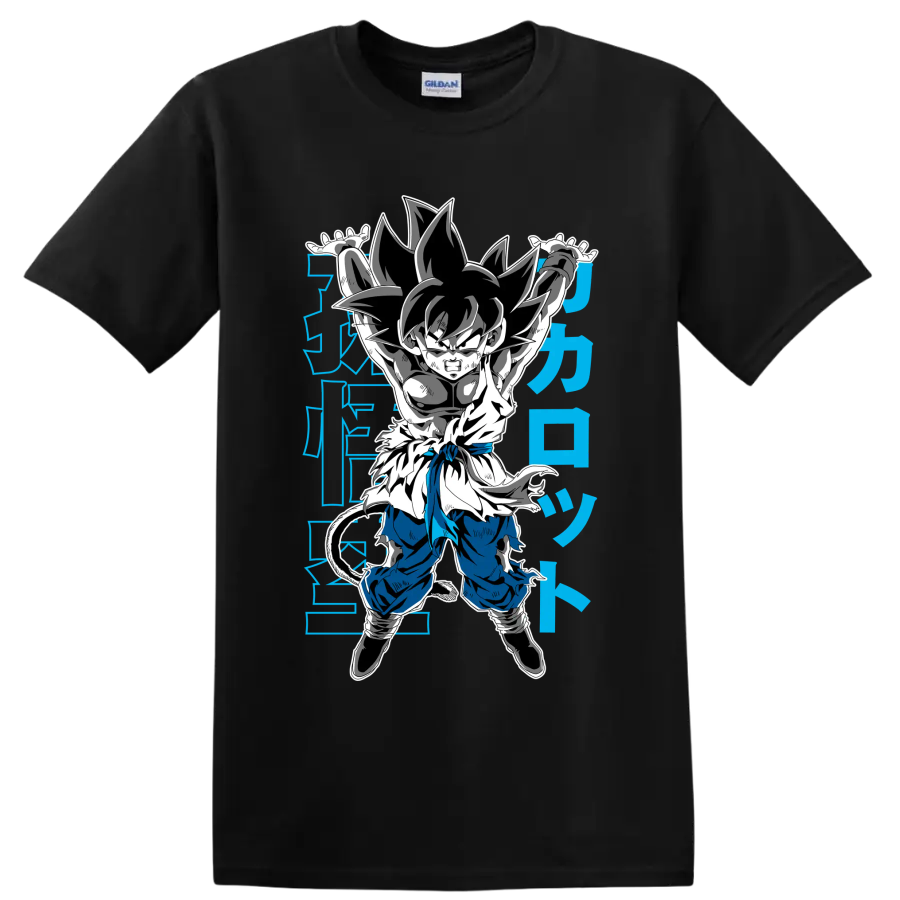 Kid Goku in a Genki Dama-inspired manga action pose with blue Japanese-style characters on a Black T Shirt