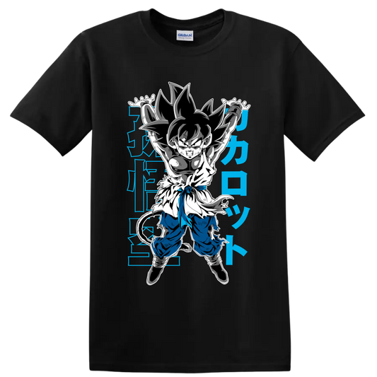 Kid Goku in a Genki Dama-inspired manga action pose with blue Japanese-style characters on a Black T Shirt