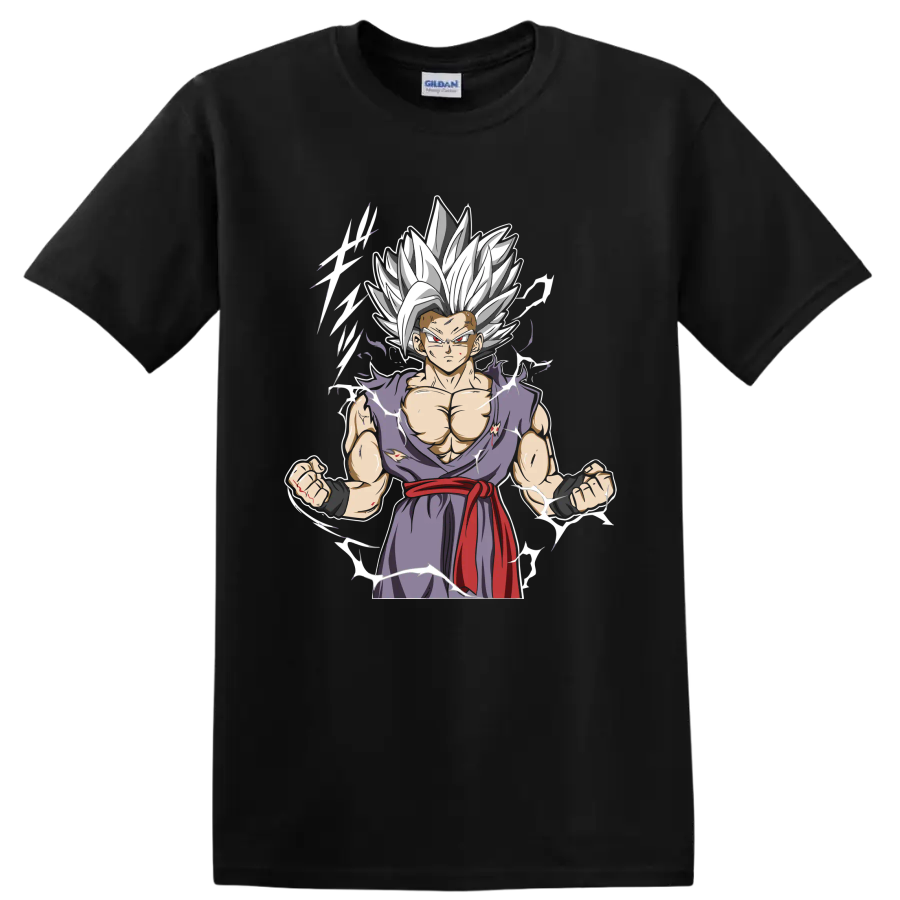 Gohan Beast anime graphic with white hair, torn purple gi, red sash, and energy accents on a Black T Shirt