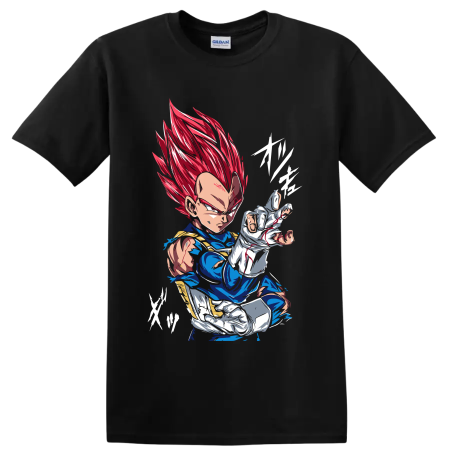 Vegeta Super Saiyan God in a fierce red-haired anime battle pose on a Black T Shirt