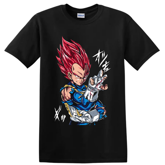 Vegeta Super Saiyan God in a fierce red-haired anime battle pose on a Black T Shirt