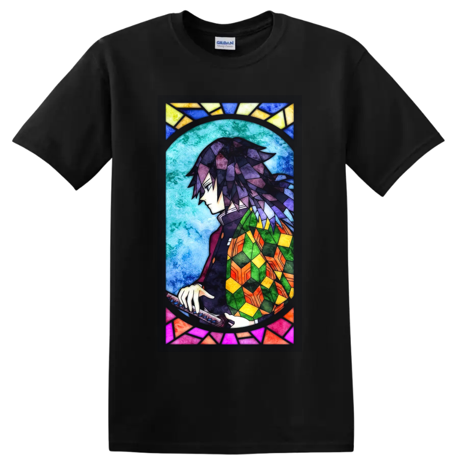 Giyu Tomioka stained-glass-style anime portrait with sword and colorful haori on a Black T Shirt