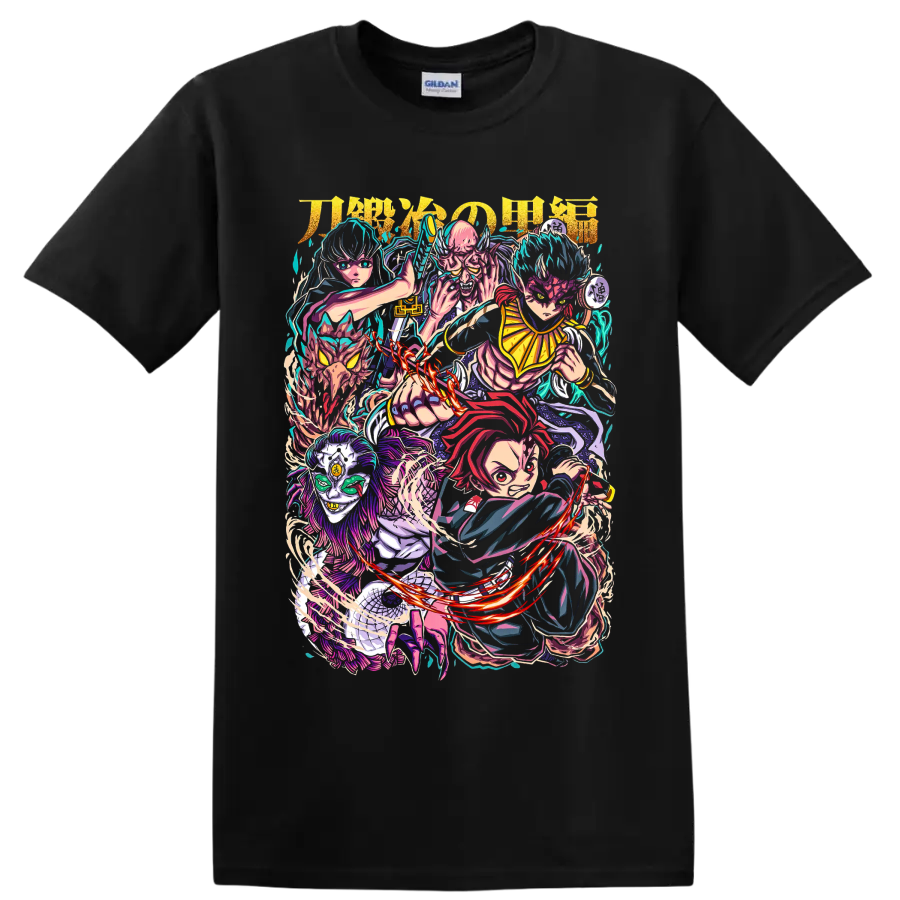 Tanjiro Kamado, Muichiro Tokito, and Hantengu in a vivid manga character collage on a Black T Shirt