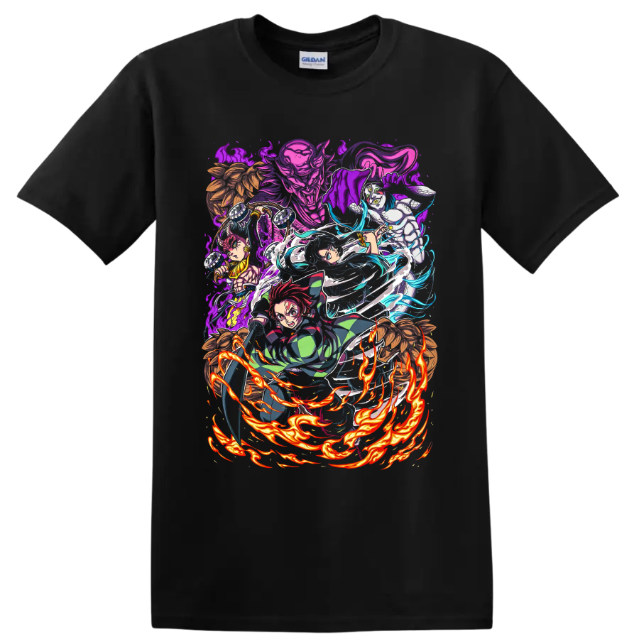 Demon Slayer Swordsmith Village anime battle art with Tanjiro, Hashira, and demons on a Black T Shirt