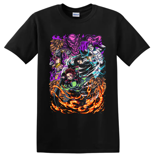 Demon Slayer Swordsmith Village anime battle art with Tanjiro, Hashira, and demons on a Black T Shirt