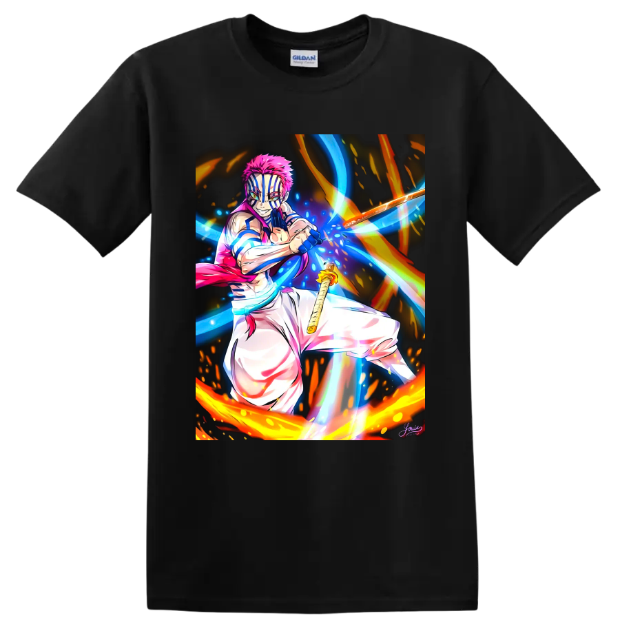 Akaza anime battle art with blue energy streaks, fiery arcs, and a sword on a Black T Shirt