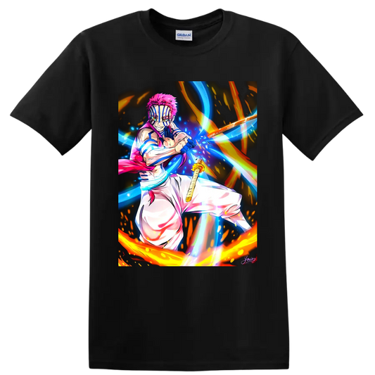 Akaza anime battle art with blue energy streaks, fiery arcs, and a sword on a Black T Shirt