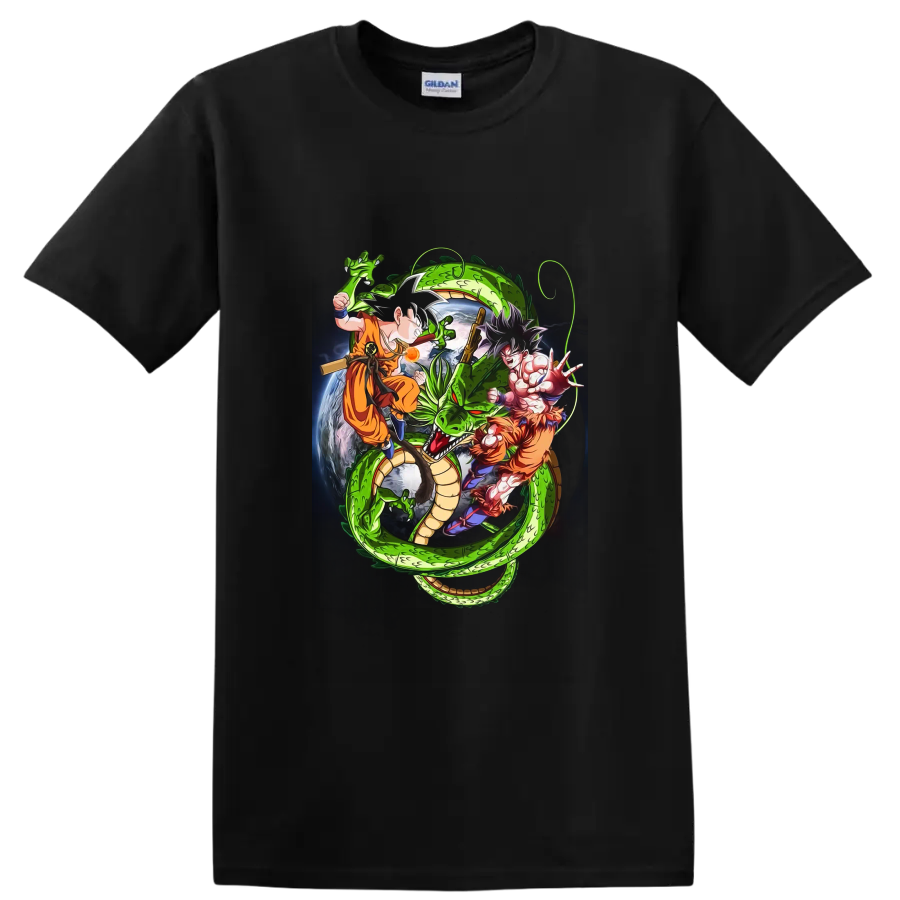 Goku and Shenron Dragon Ball manga-style action graphic with a cosmic Earth backdrop on a Black T Shirt