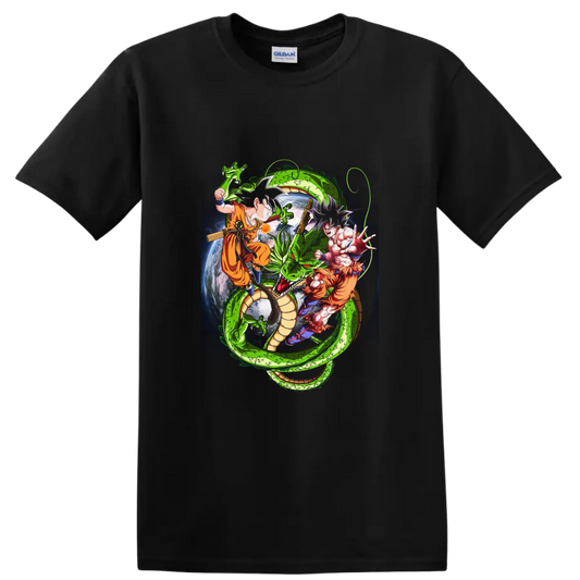 Goku and Shenron Dragon Ball manga-style action graphic with a cosmic Earth backdrop on a Black T Shirt
