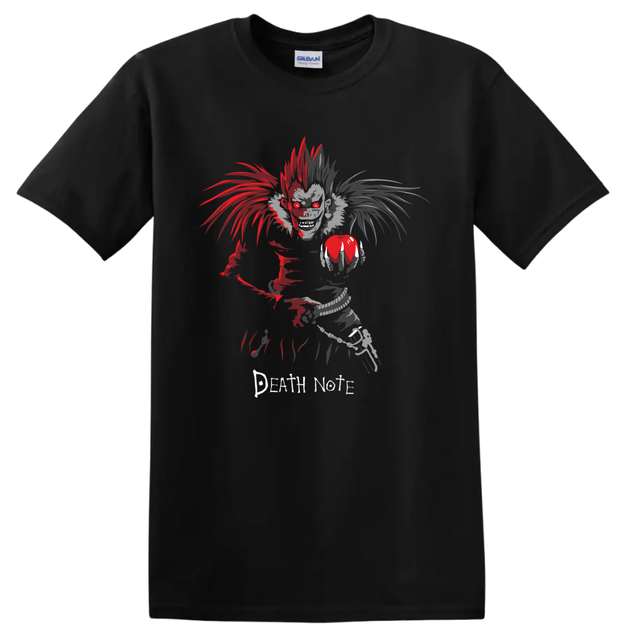 Ryuk holding an apple in distressed red and gray Death Note gothic anime art on a Black T Shirt