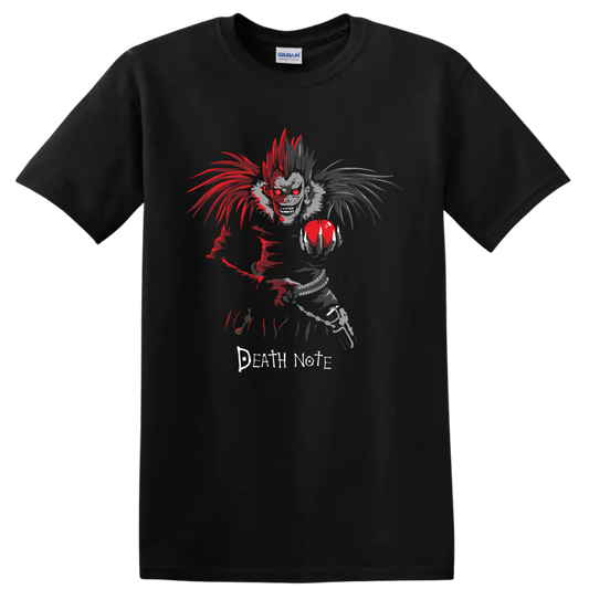 Ryuk holding an apple in distressed red and gray Death Note gothic anime art on a Black T Shirt