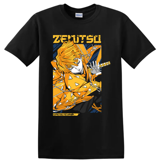 Zenitsu Agatsuma lightning-inspired anime action graphic on a Black T Shirt