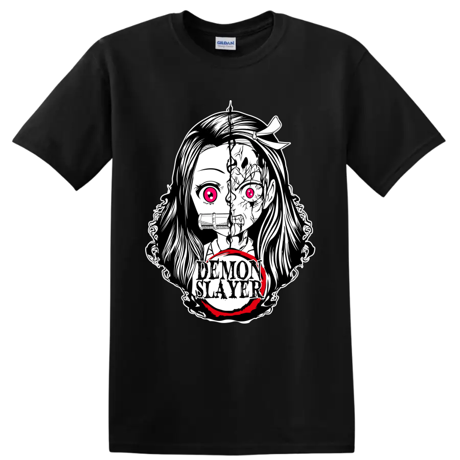 Nezuko Kamado split demon-form manga portrait with bamboo muzzle and Demon Slayer text on a Black T Shirt