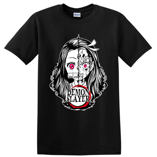 Nezuko Kamado split demon-form manga portrait with bamboo muzzle and Demon Slayer text on a Black T Shirt