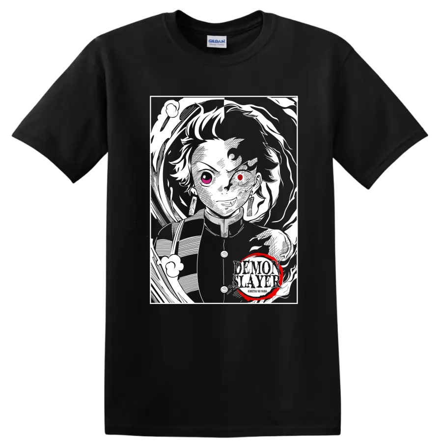 Rui from Demon Slayer in a high-contrast monochrome portrait with red accents on a Black T Shirt