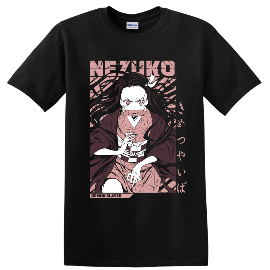 Nezuko Kamado manga-style portrait with flowing hair and bamboo muzzle on a Black T Shirt
