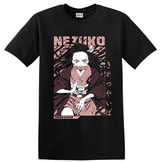 Nezuko Kamado manga-style portrait with flowing hair and bamboo muzzle on a Black T Shirt