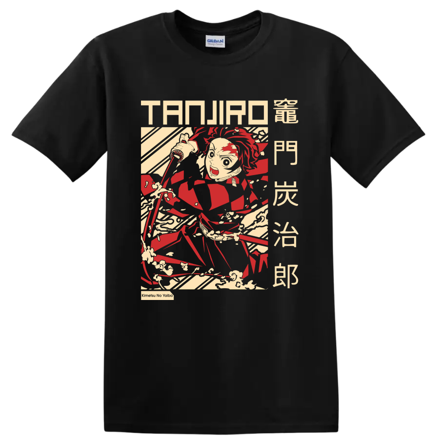 Tanjiro Kamado katana action graphic with manga lettering and sweeping motion lines on a Black T Shirt