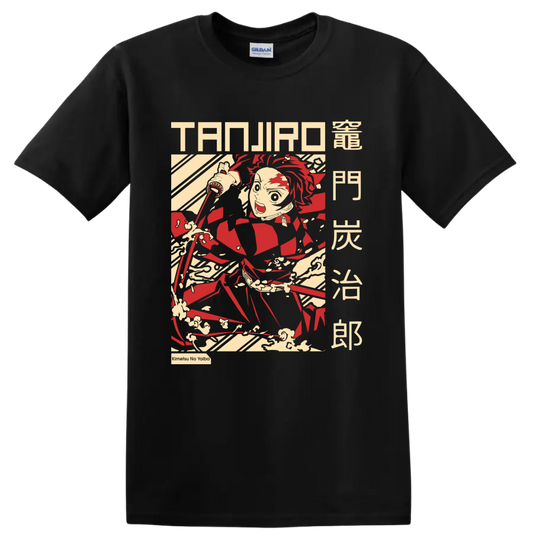 Tanjiro Kamado katana action graphic with manga lettering and sweeping motion lines on a Black T Shirt
