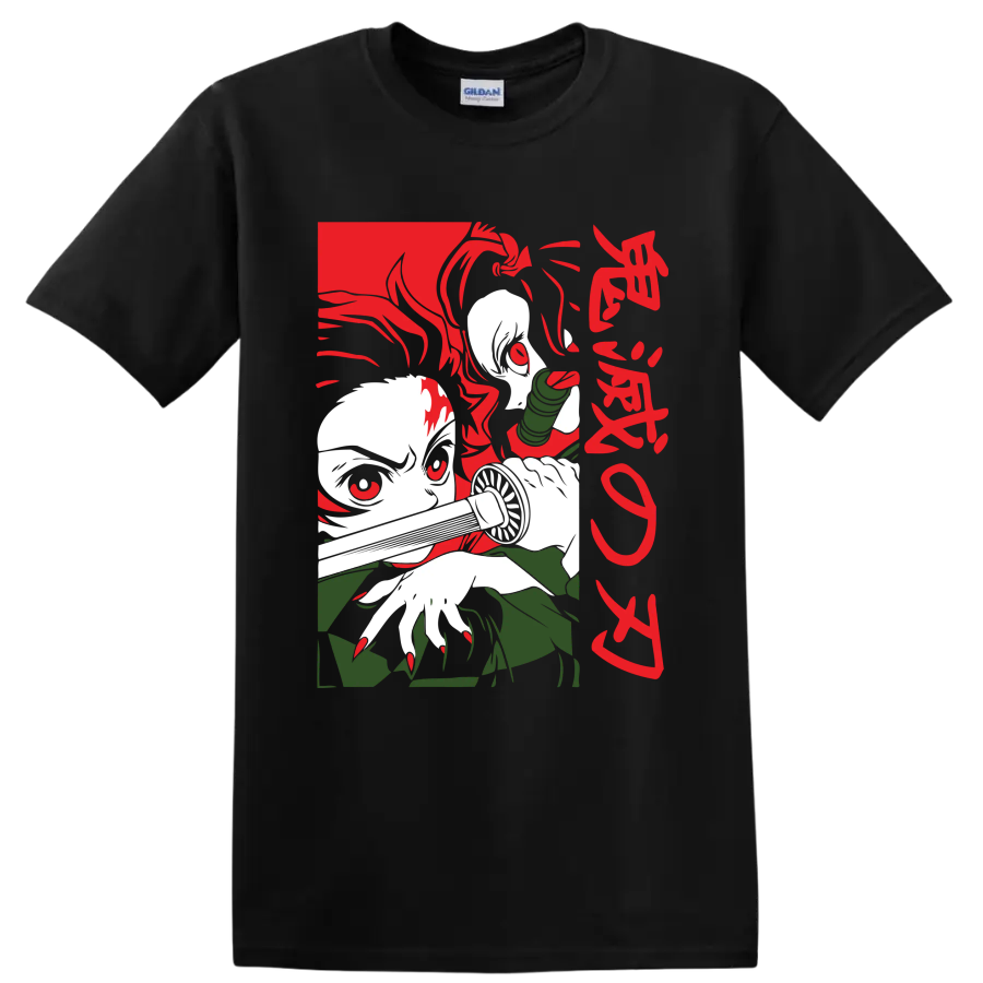 Tanjiro and Nezuko Kamado manga-style graphic with Nezuko's bamboo muzzle on a Black T Shirt