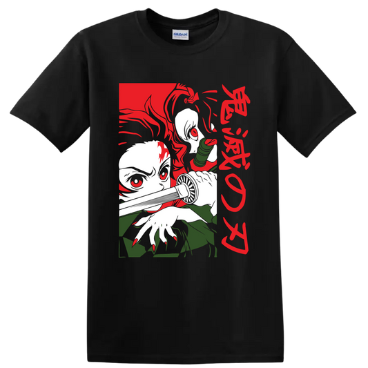 Tanjiro and Nezuko Kamado manga-style graphic with Nezuko's bamboo muzzle on a Black T Shirt
