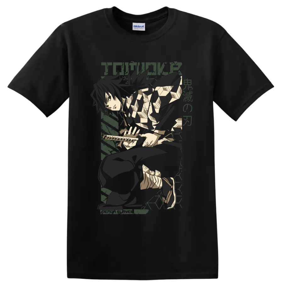 Giyu Tomioka seated with sword in a muted geometric anime graphic on a Black T Shirt