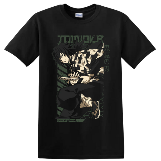Giyu Tomioka seated with sword in a muted geometric anime graphic on a Black T Shirt
