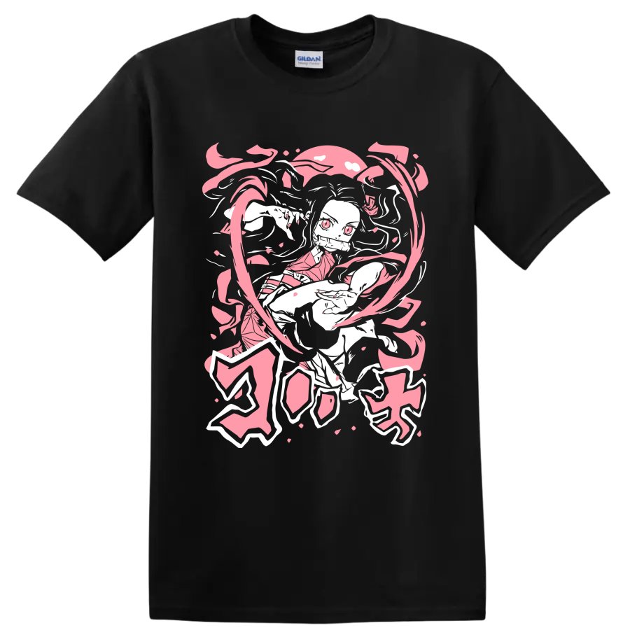 Nezuko Kamado manga-style portrait with pink petals and flowing ribbon shapes on a Black T Shirt